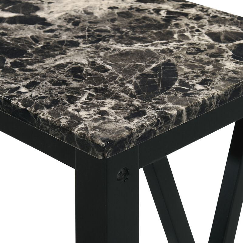 Elena 24 Inch Narrow Side Table, Lower Slatted Shelf, Faux Marble, Black - Benzara image number 3