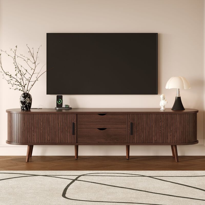 Merax TV Cabinet with Integrated Power Station, Tambour Door Storage, Rattan-Front Drawers image number 1