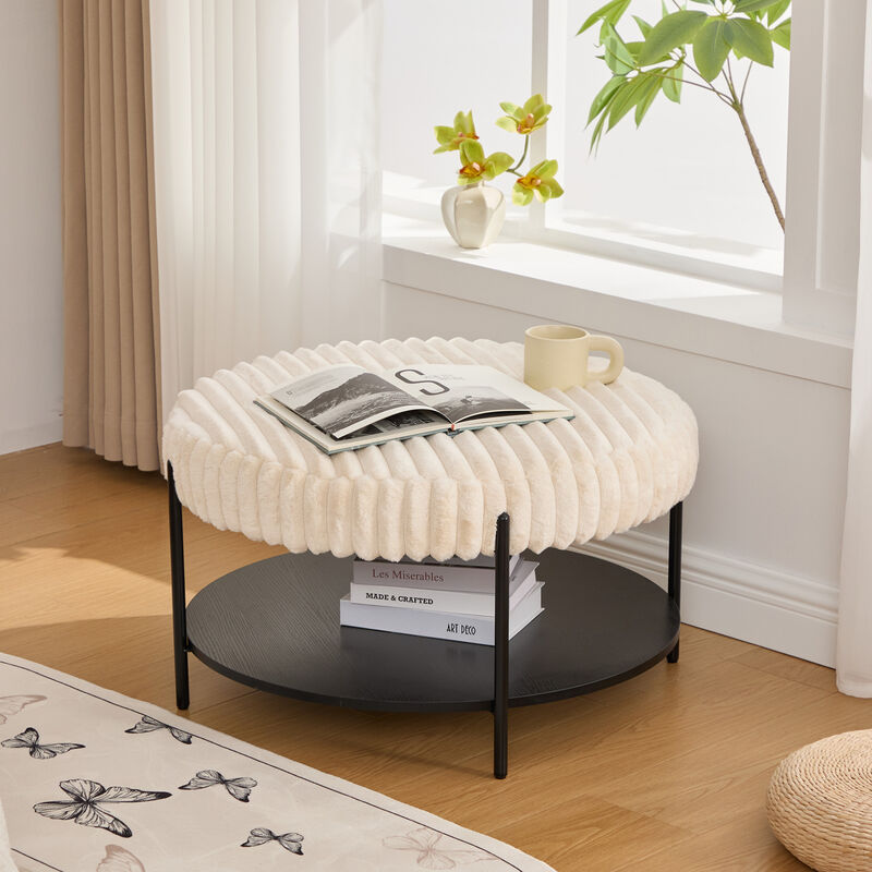 GOODSILO Versatile Upholstered Round Ottoman Coffee Table Foot Rest with Open Storage Shelf image number 1