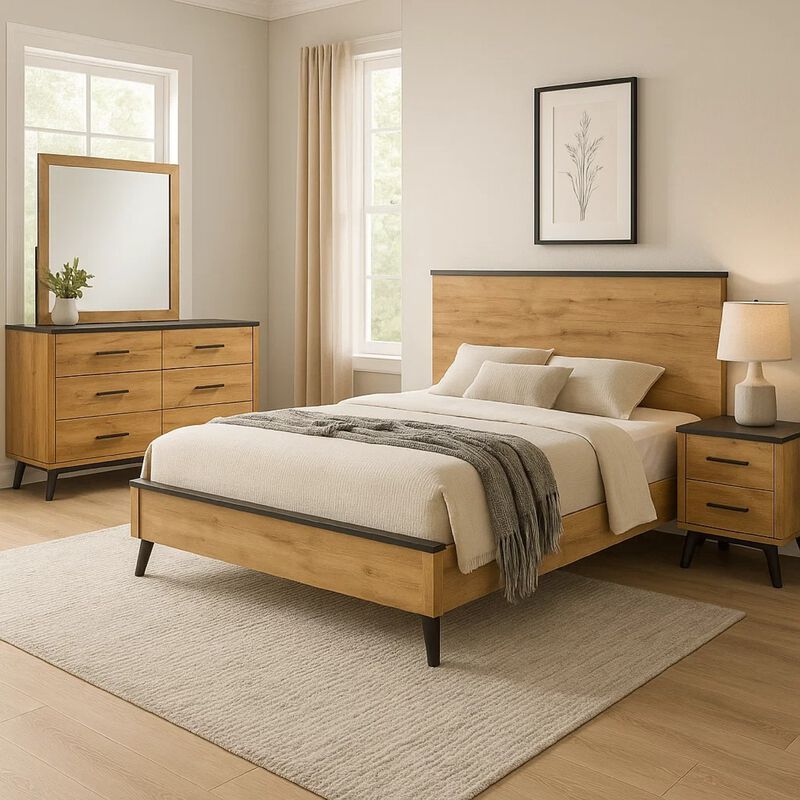 Wemy 4 Piece Queen Size Bed Set, Rustic Brown Pine Wood, Tapered Legs