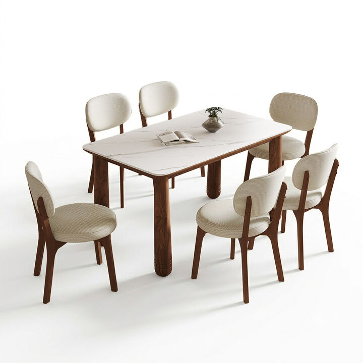 7 Piece Sintered Stone Dining Table Set with 6 Upholstered Chairs, rectangular solid wood dining set, farmhouse dining room furniture set