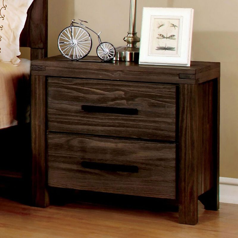 Rustic Style Wire Brushed Rustic Brown 1pc Nightstand Solid wood 2Drawers bedside Table Metal Bar Handles