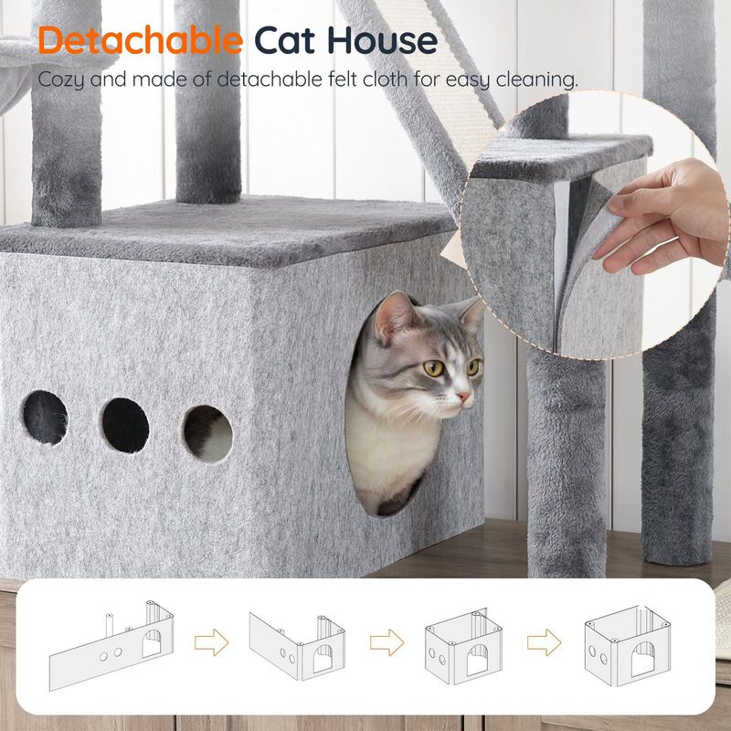 Double Cat Litter Box Hideaway with Integrated Cat Tree, Bed, and Hammock- Greige image number 6