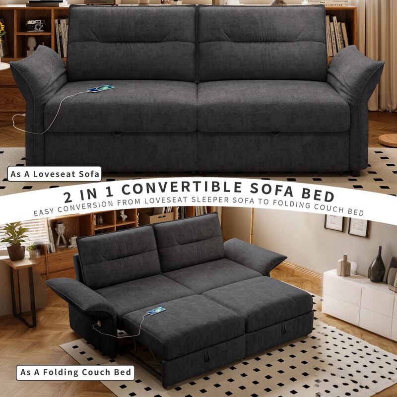 Convertible sleeper sofa bed, Plush fabric pull out futon with USB charging ports, 85 inch sofa bed for small spaces image number 5