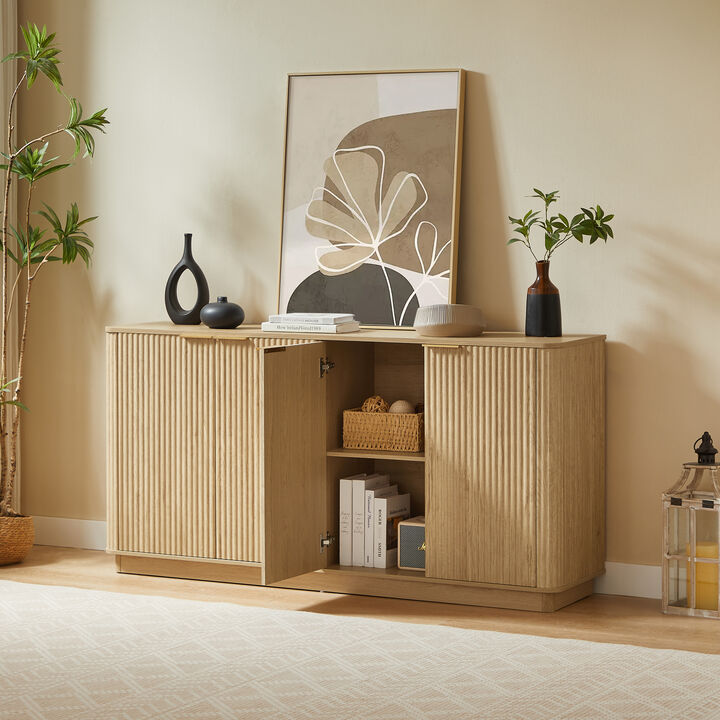 TATEUS 63 Inch Vertical Groove Sideboard Cabinet, Wave Front Design TV Console