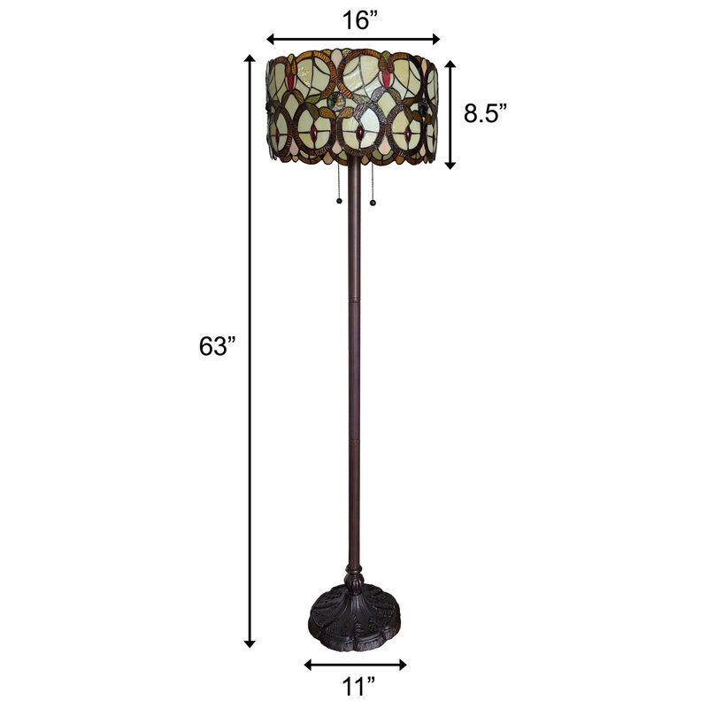 Hivvago 63" Beige Metal Two Light Torchiere Floor Lamp With Red And White Flowers Glass Drum Shade