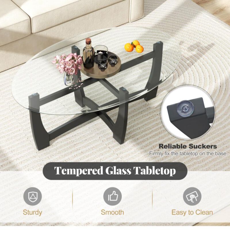 Hivvago Oval Coffee Table with Tempered Glass Tabletop and Rubber Wood Legs