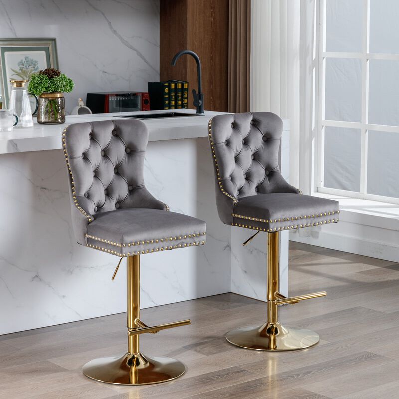 Hivvago Set of 2 Height Adjustable Upholstered Tufted Velvet Armless Bar Stools with Gold Details