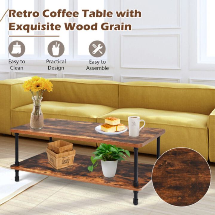 Industrial Vintage Coffee Table with 2-Tier Storage Shelf