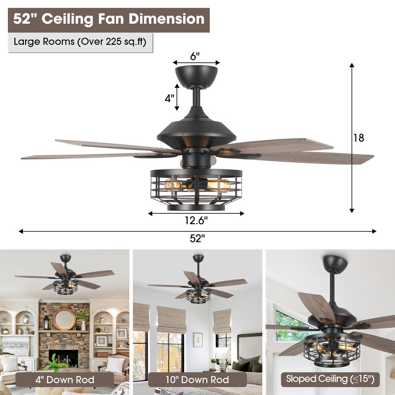 52" Industrial Wood 5-Blade 3-Light Metal Ceiling Fan with Remote