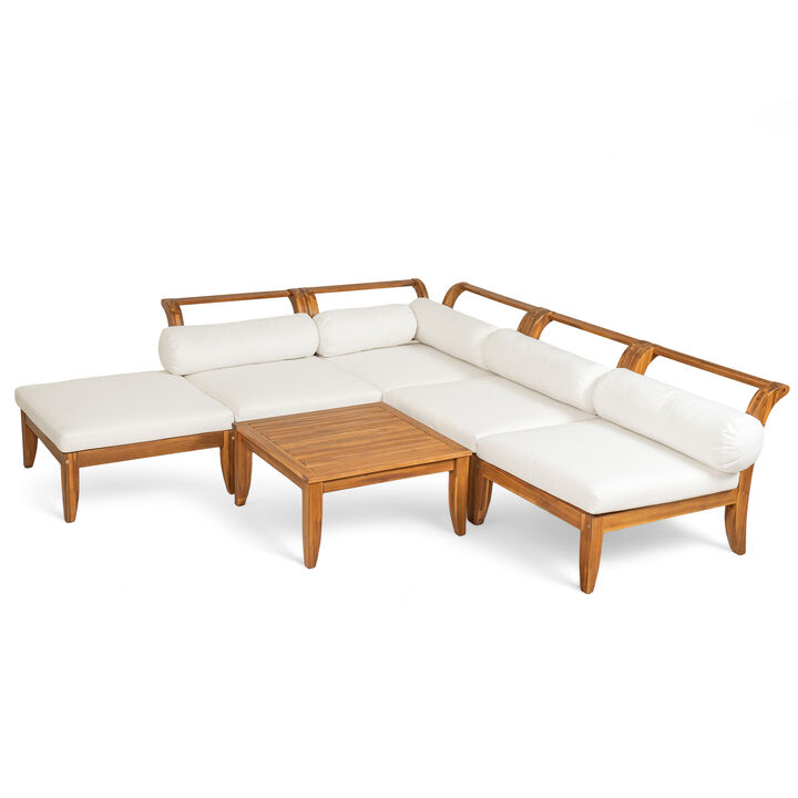 Whisen 6-Piece Acacia Wood Outdoor Seating Set, L-Shaped Garden Sectional, Convertible Daybed with Tea Table