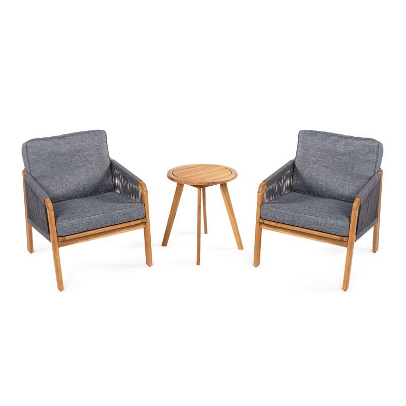 Aveiro 3-Piece Modern Bohemian Roped Acacia Wood Conversation Outdoor Patio Set with Cushions