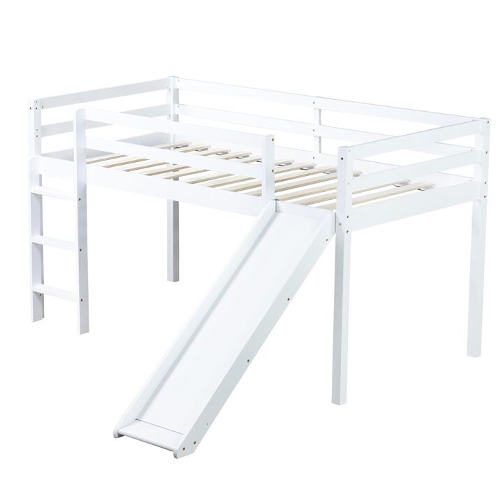 Whisen Twin Size Low Loft Bed with Slide, Ladder and Safety Guardrails