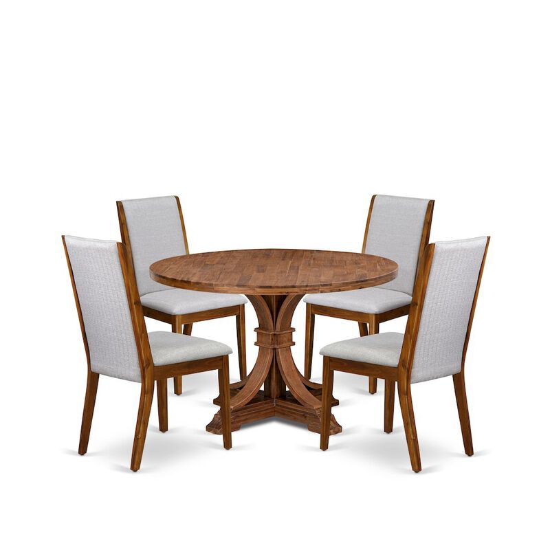 5-Pc Dining Set A Pedestal Breakfast Table, 4 Grey Linen Fabric Modern Chairs