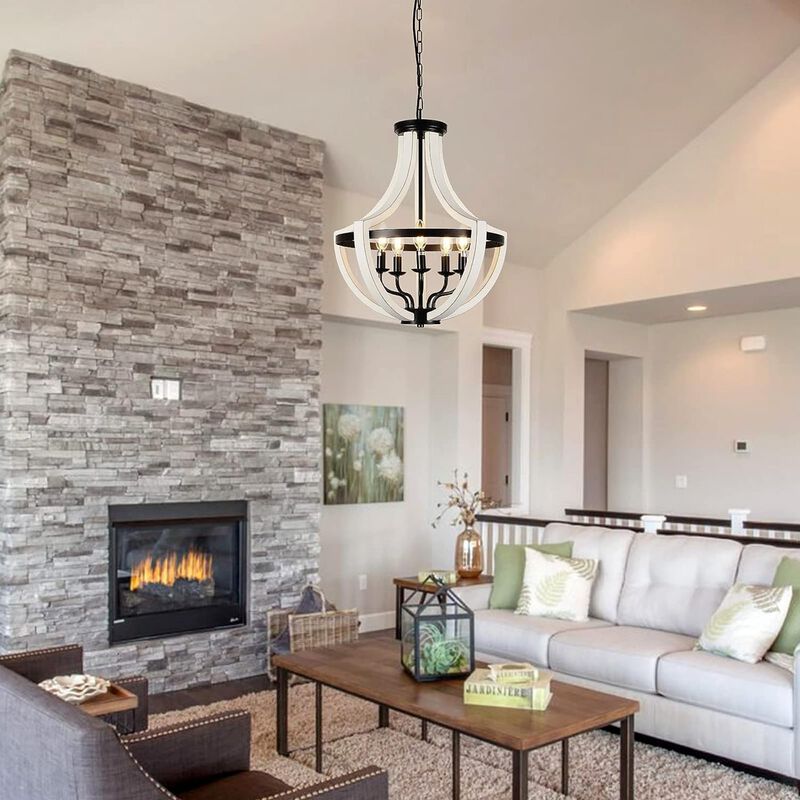 ELEMENT ACE 5-Light Modern Farmhouse Solid Wood Chandelier Dual Use Pendant & Flush Mount Ceiling Light Fixture for Dining Room Kitchen Island Living Room Foyer Entryway image number 1