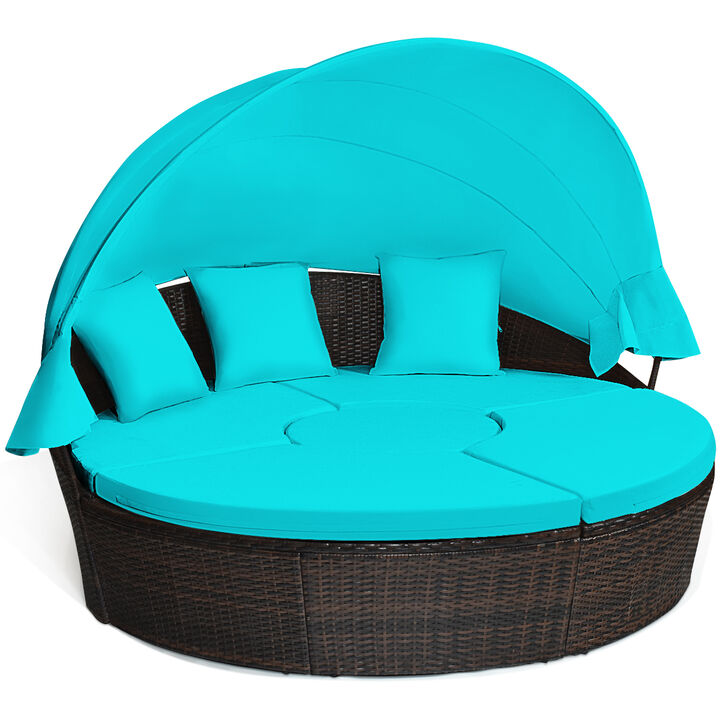 Patio Round Rattan Daybed with Retractable Canopy and Height Adjustable Coffee Table