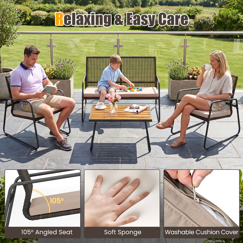 4-Piece Mix Brown Outdoor Furniture Set with Acacia Table and Zippered Cushions image number 4