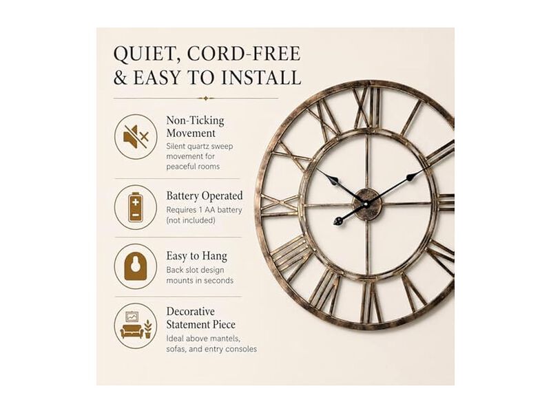 Gold Metal Skeleton Classic Style Wall Clock 5 Inch Silent Non Ticking Easy Read image number 2