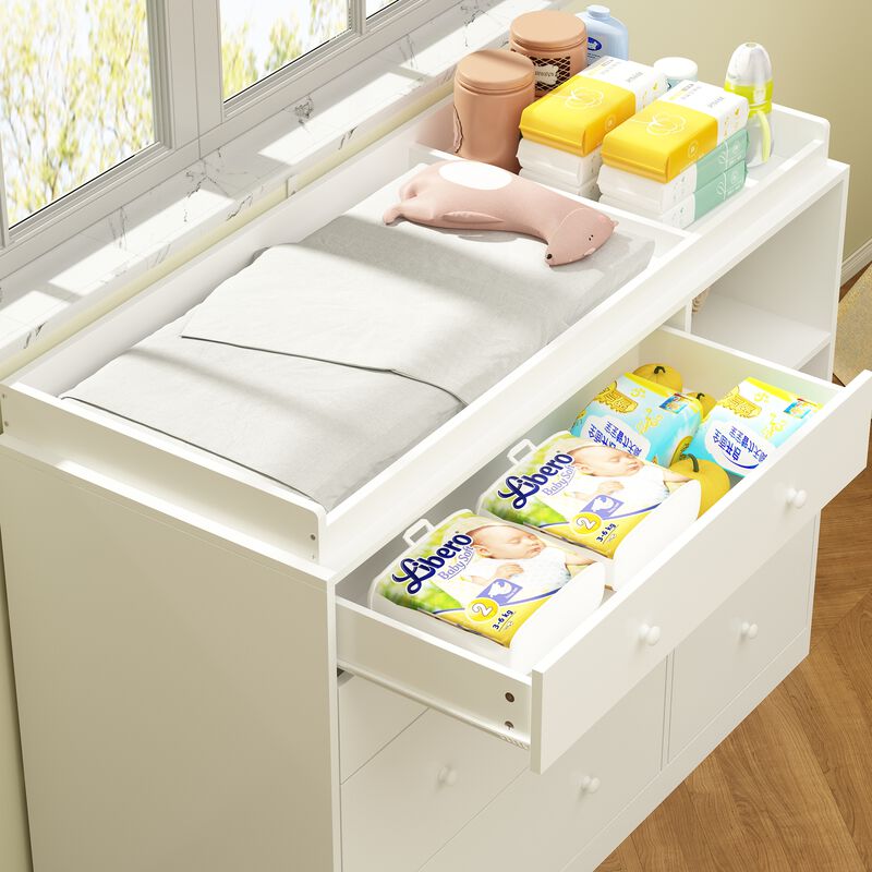 5-Drawers White Wood Chest of Drawers Dresser Vanity Table Storage Cabinet with Shelf 36.1 in. H x 47.2 W x 19.5 D