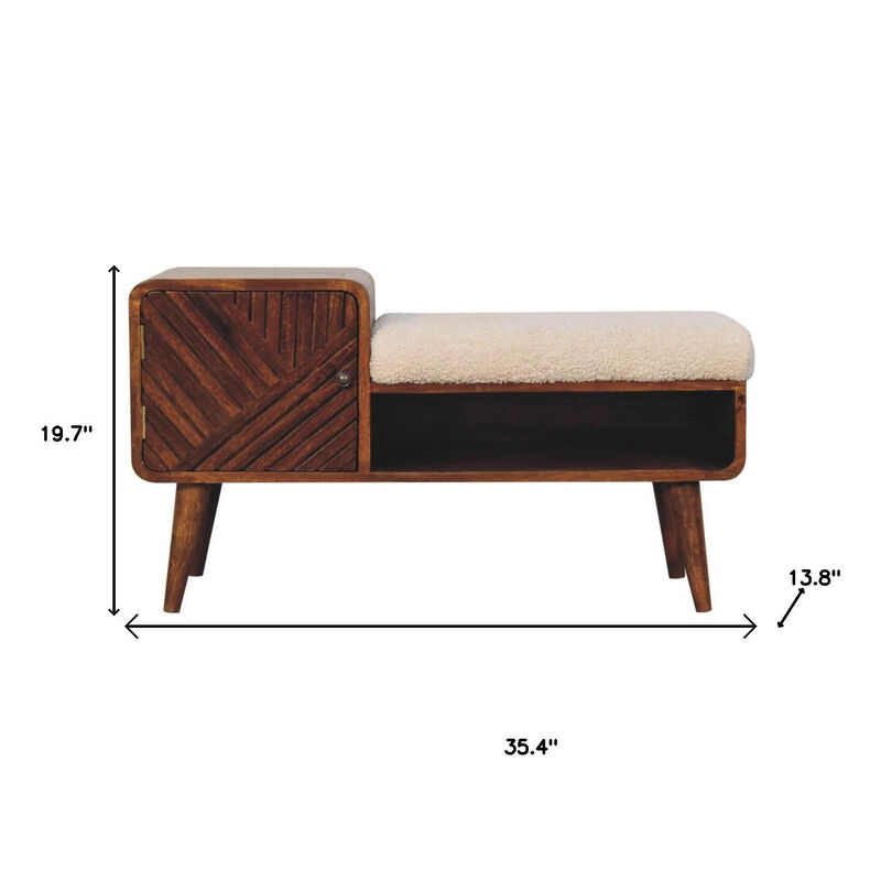 35" Cream and Chestnut Boucle and Solid Wood Upholstered Bench image number 6