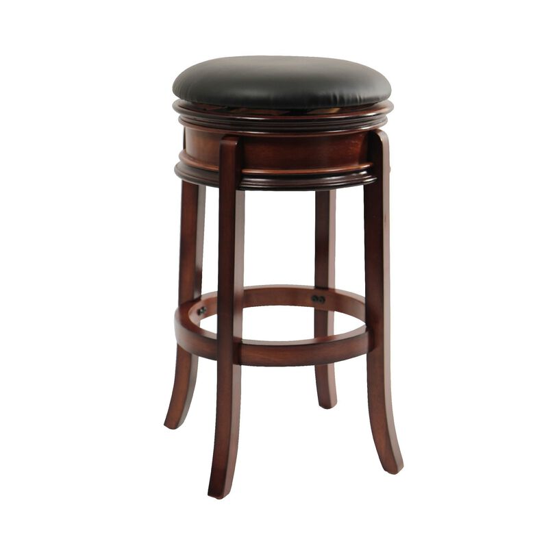Sabi 29 inch Swivel Counter Stool, Solid Wood, Faux Leather, Brown, Black-Benzara