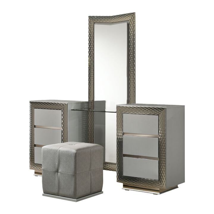 Vino 3pc Vanity Dressing Table Set w Stool, Gray, Satin Fabric, Rubberwood