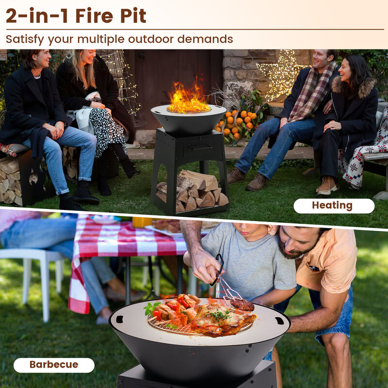 Patio Fire Pit with Firewood Log Rack with Grill and Ash Box-Black