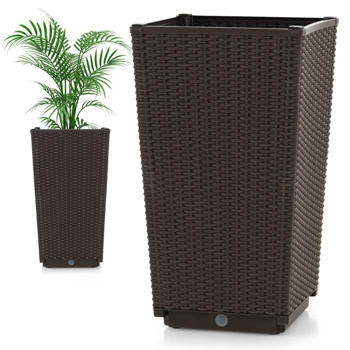 Outdoor Wicker Flower Pot Set of 2 with Drainage Hole for Porch Balcony-Brown