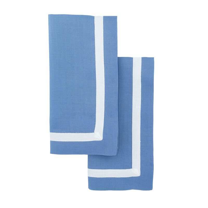 Blue Linen Napkins With White Borders, Set of 4