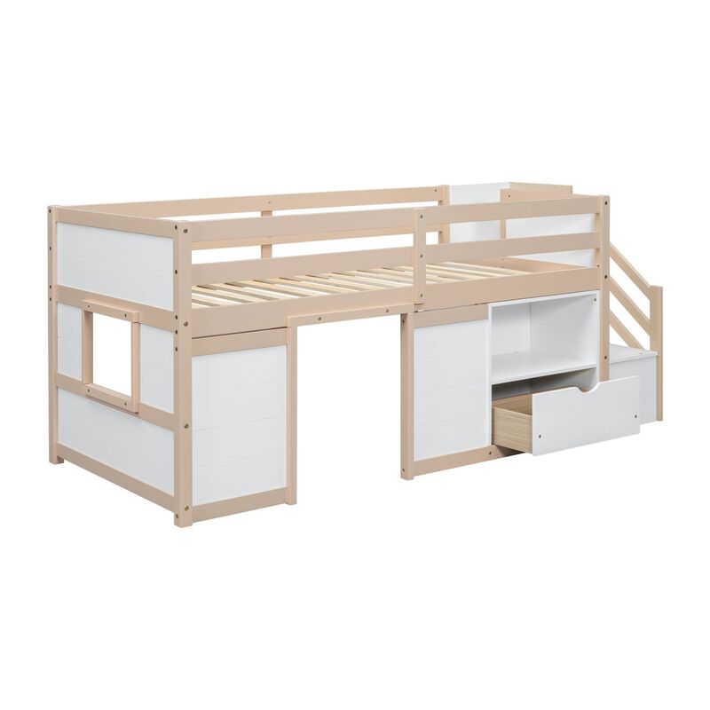 Whisen Solid Wood Twin Size Low Loft Bed With Stair, Drawer And Shelf