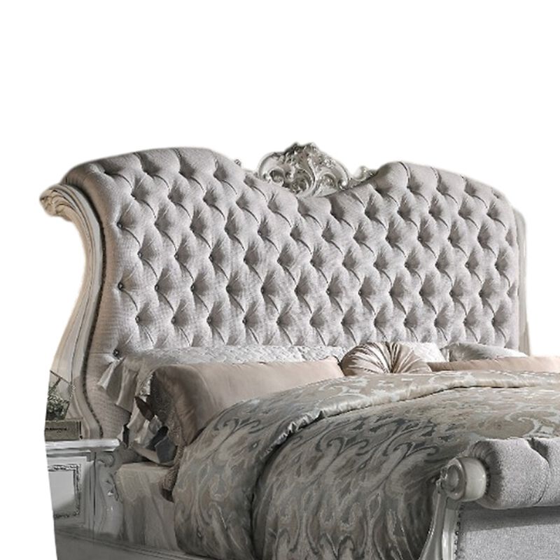 Ally Queen Bed, Classic Crown Trim, Faux Leather Upholstery, White - Benzara