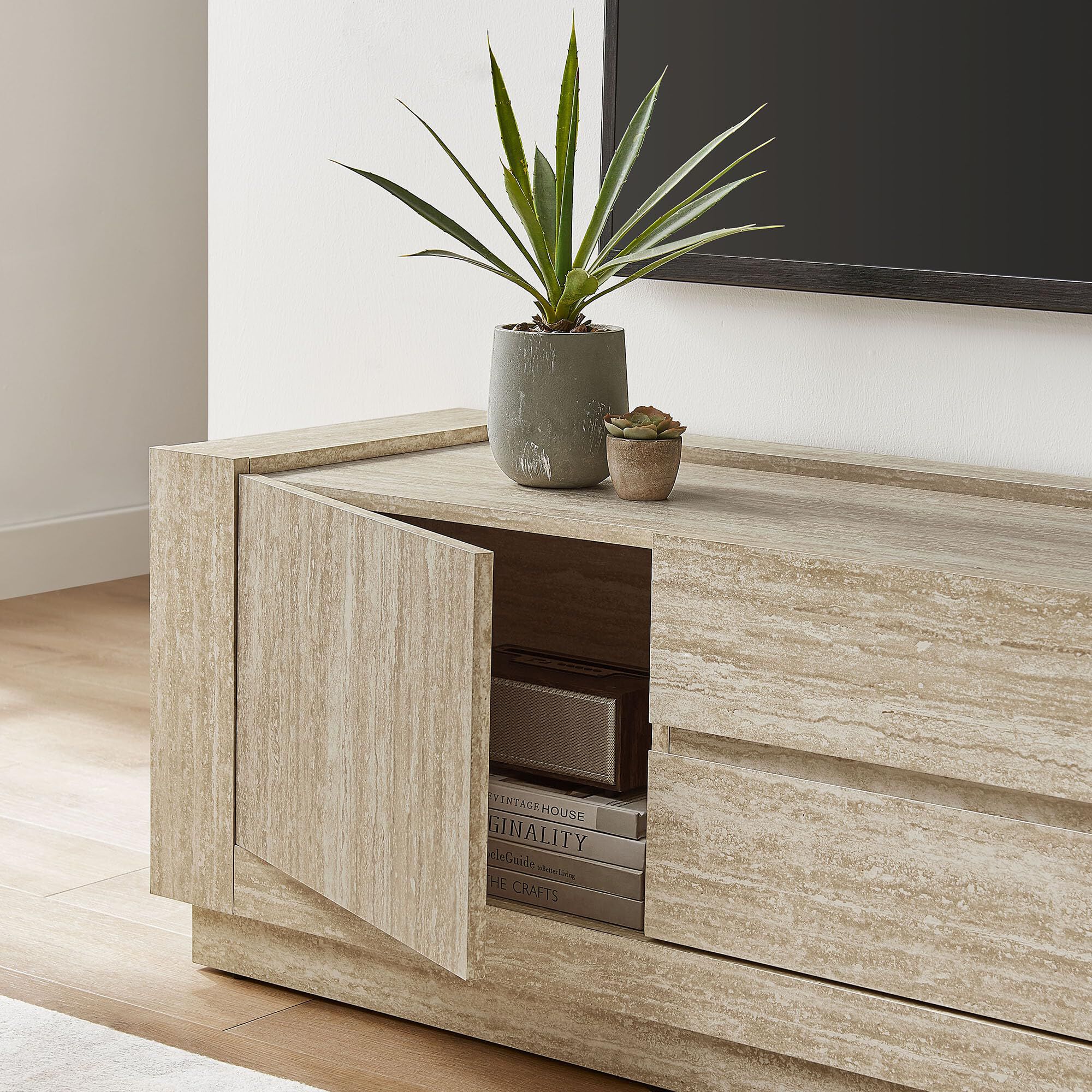 Hollis TV Console with Faux in Travertine