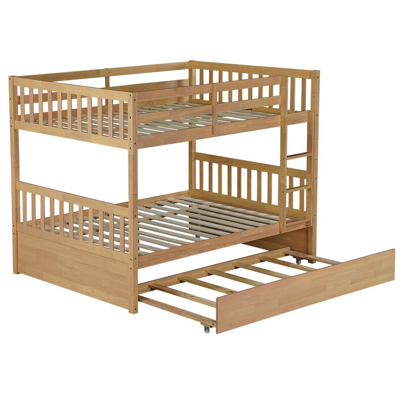Whisen Convertible Full-Over-Full Bunk Bed with Twin Trundle, Rubber Wood Frame, Ladder and Safety Guardrails image number 6