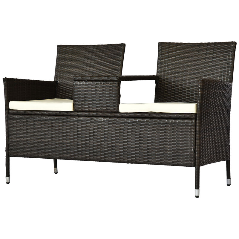 Outdoor Patio 2 Seat Rattan Wicker Chair Bench with Tea Table Padded Sofa