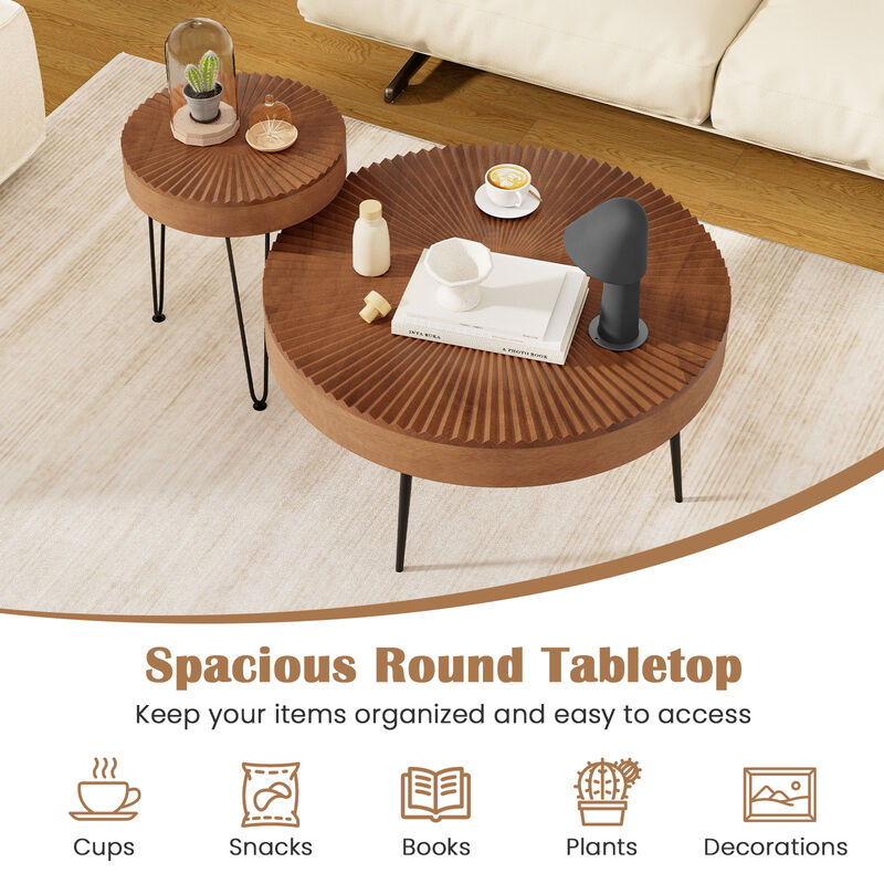 Set of 2 Wooden Coffee Table with Metal Legs and Adjustable Foot Pads