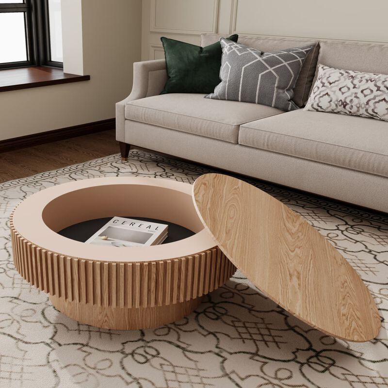 Round coffee table with storage Solid wood veneer and MDF coffee table with fluted base Modern accent coffee table for small spaces image number 4