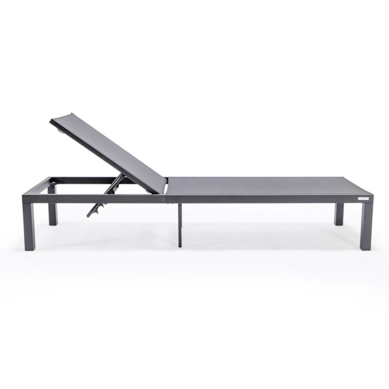 LeisureMod Marlin Modern Black Aluminum Outdoor Patio Chaise Lounge Chair in Black Frame with Square Fire Pit Side Table