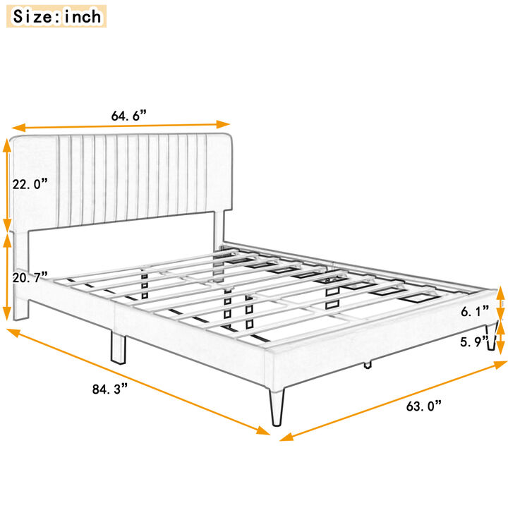 Queen Size Upholstered Platform Bed, No Box Spring Needed, Velvet Fabric, Gray
