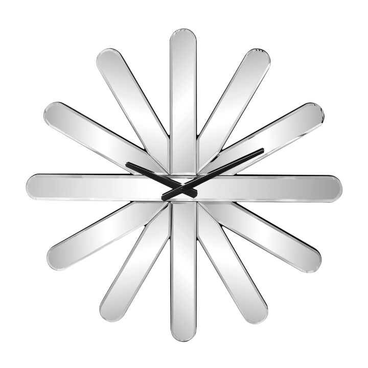 HomeRoots 26" Silver Mirrored Glass Silent Analog Starburst Wall Clock