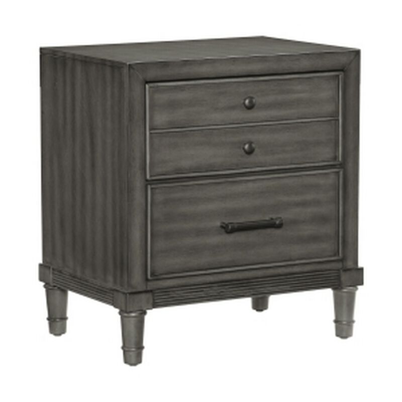 Ceila 27 Inch Classic 2 Drawer Nightstand, Round Tapered Legs, Gray Finish - Benzara