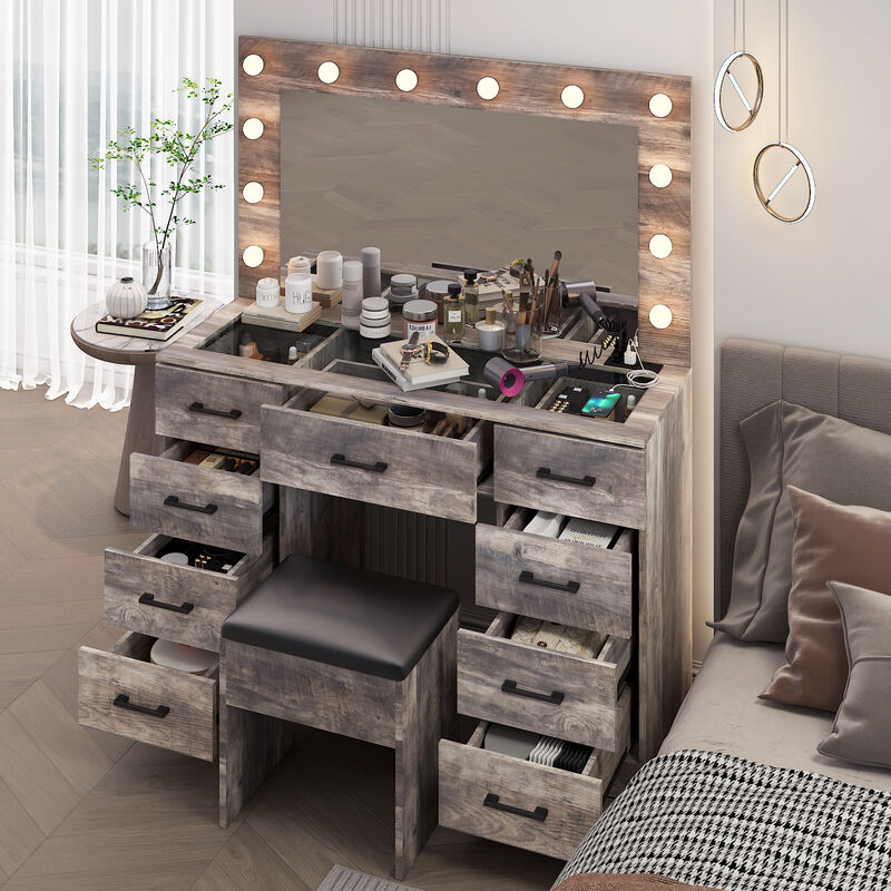 Vanity Desk Set with Large Lighted Mirror and Power Outlet &ndash; Modern Makeup Table with Storage and Charging Station