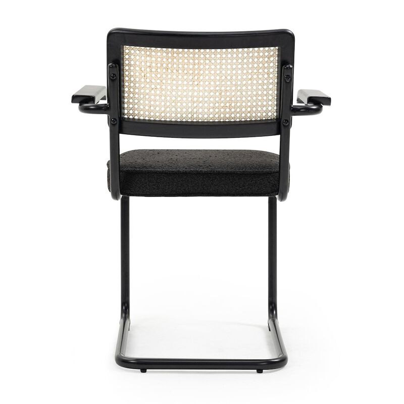 Glamour Home Set of 2 Black Boucle Fabric Dining Chair Rattan Backrest and Black Iron Legs