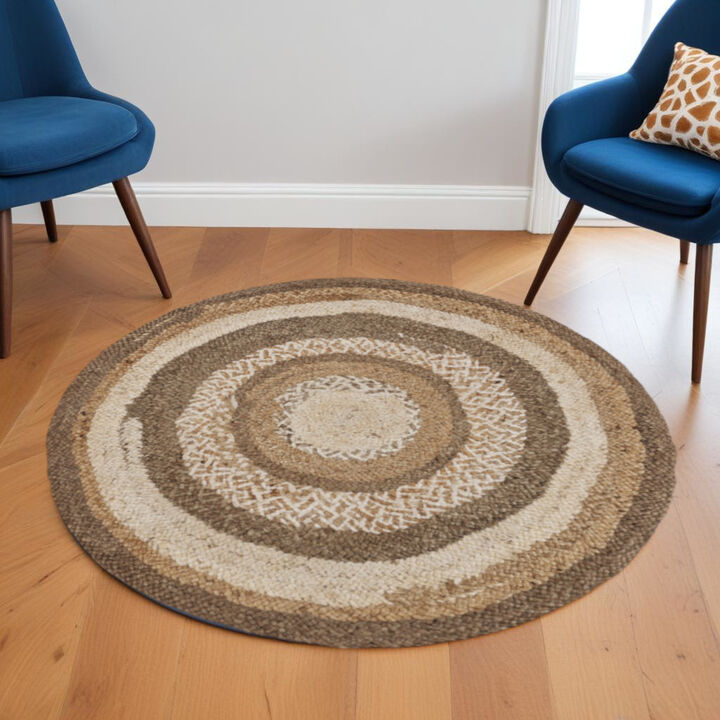 HomeRoots Jute Abstract Geometric Hand Braided Round Rug