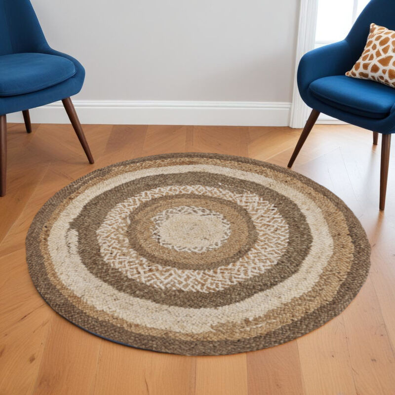 HomeRoots Jute Abstract Geometric Hand Braided Round Rug image number 1