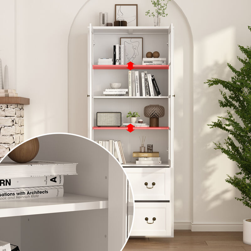 White Wooden 31.5 in. W Buffet Pantry Cabinet Kitchen Cabinet with Adjustable Shelves and Tempered Glass Doors, Drawers