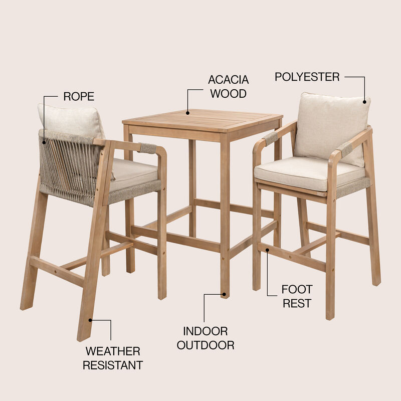 Porto Modern Coastal 3-Piece Acacia Wood Outdoor Square Bar Table Set with Cushions