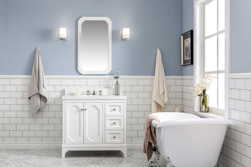 Queen 36 In. Single Sink Sink Carrara Quartz Countertop Bath Vanity in Pure White with Polished Nickel (PVD) Hardware