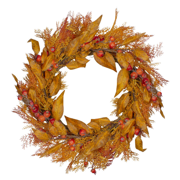 Yellow and Orange Berry and Leaves Fall Harvest Artificial Wreath - 24-Inch  Unlit