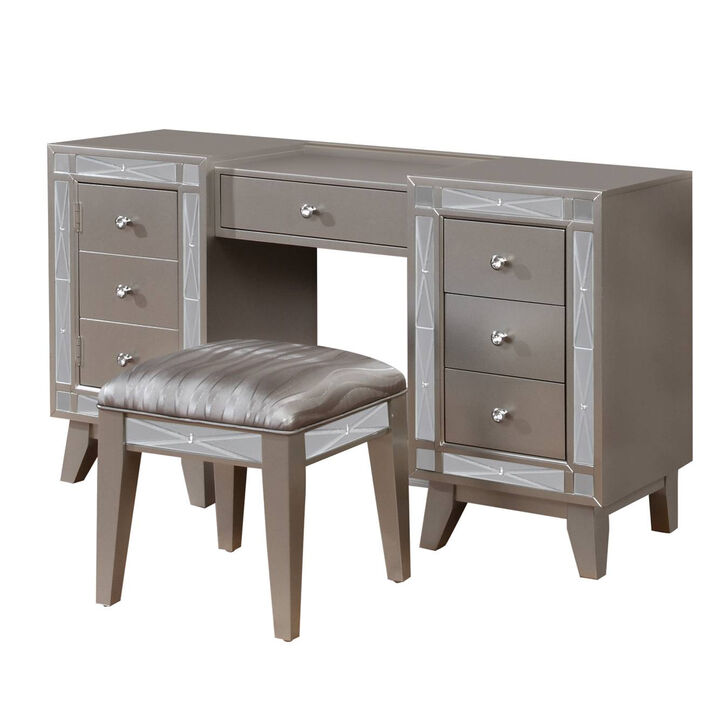 Wooden Set of Vanity and Stool with Mirrored Accents, Mercury Silver-Benzara
