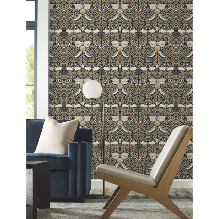 Butterfly Garden Black Metallic Wallpaper